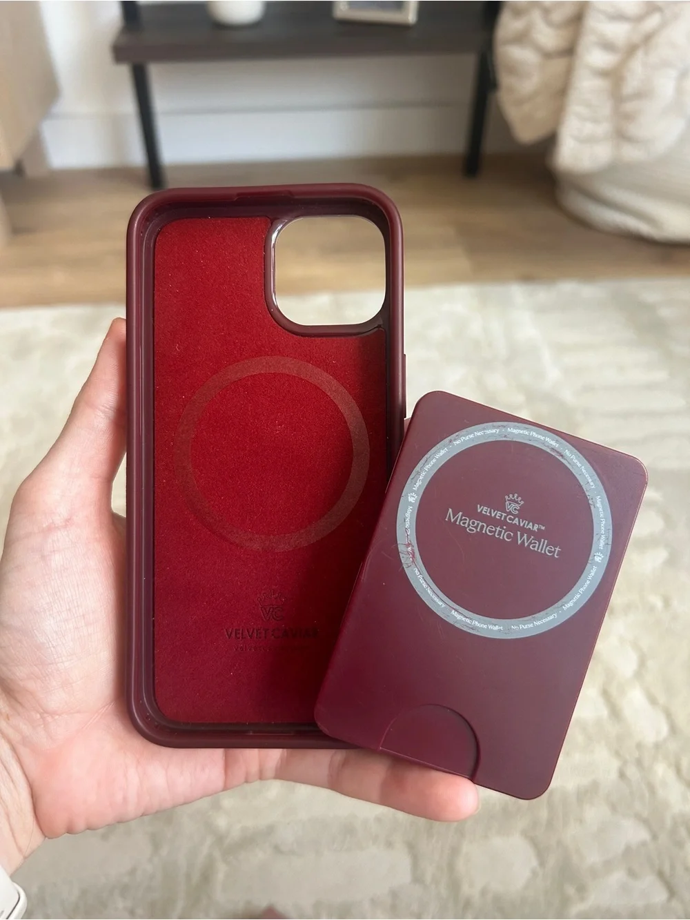 Velvet Caviar ‘Burgundy Vibe Checker’ iPhone 14 case and MagSafe wallet set